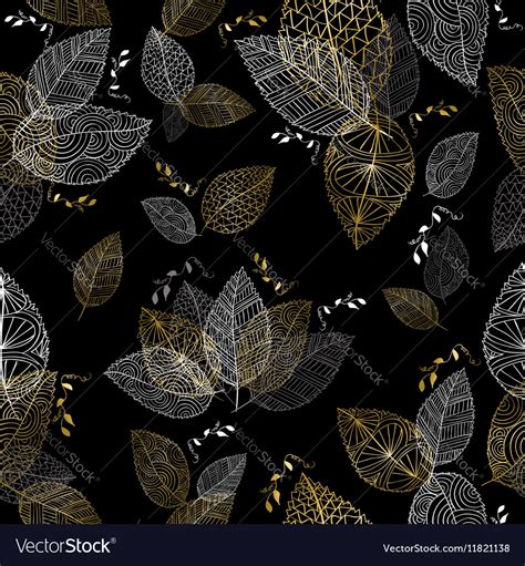 Gold Hand Drawn Fall Leaves Seamless Pattern Vector Image