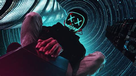 Neon Mask Boy Sitting On Top 4k Wallpaperhd Artist Wallpapers4k