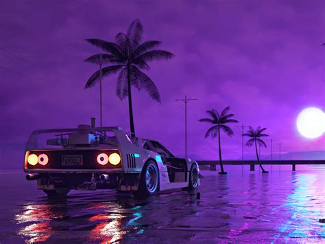 1600x1200 Resolution Retro Wave Sunset And Running Car 1600x1200