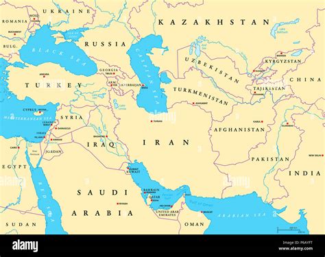 Southwest Asia Political Map With Capitals Borders Rivers And Lakes