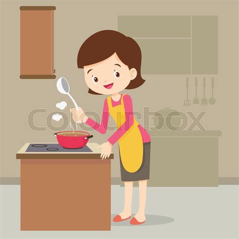 Mom Cooking In Kitchen Vector Cartoon Stock Vector
