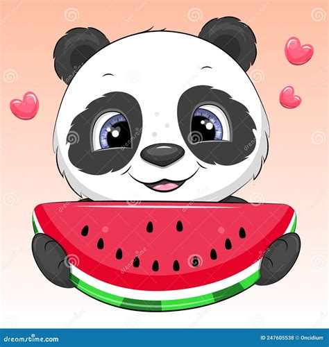 Cute Cartoon Panda Holds A Watermelon Stock Vector Illustration Of