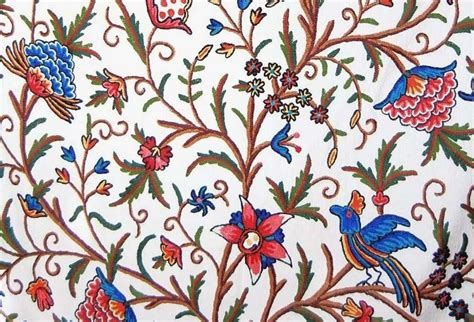 Cotton Crewel Embroidered Fabric Tree Of Life Birds Multicolor