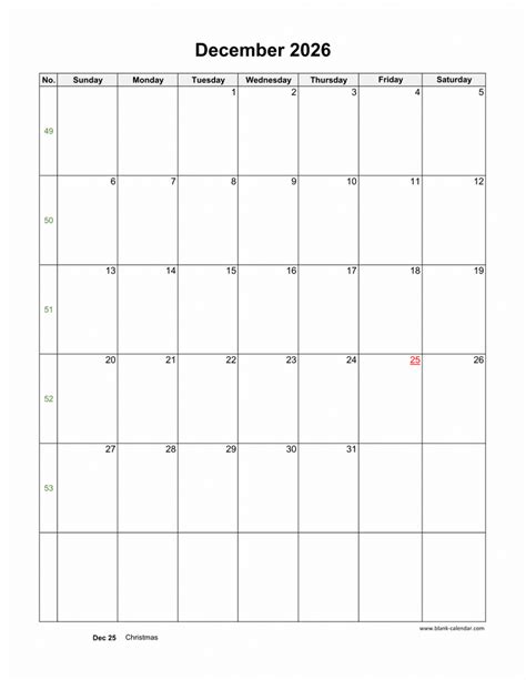 Download December 2026 Blank Calendar With Us Holidays Vertical