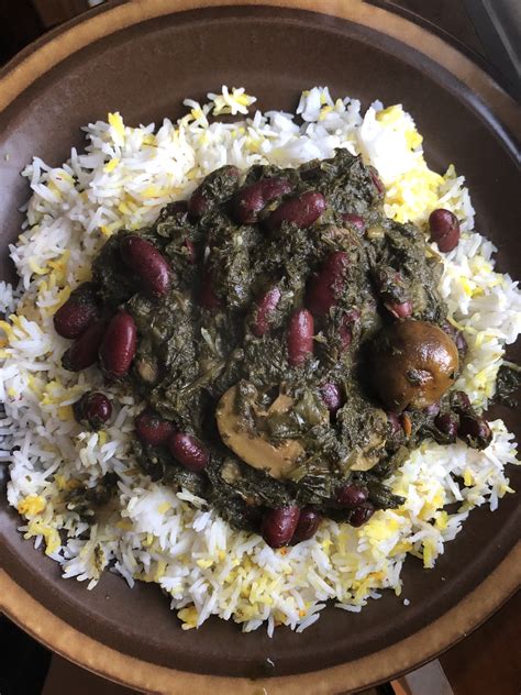 Ghormeh sabzi has the distinctive flavor of cooked herbs. GHORMEH SABZI