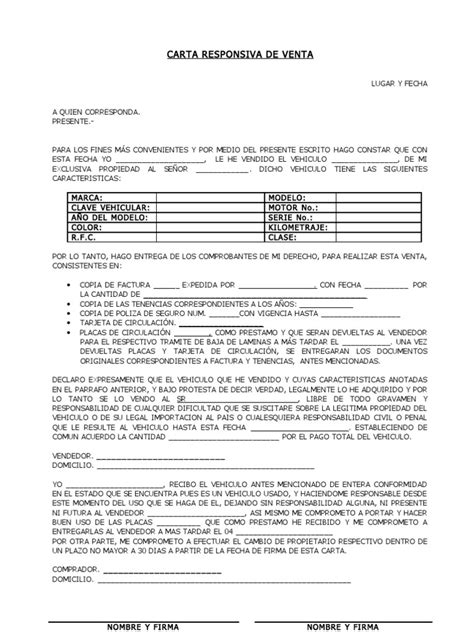 Carta Responsiva De Compraventa De Auto Pdf Lasopatribe