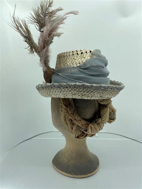 Ladies Straw Hat 1880s Style Flowerpot Hat With Bird And Etsy