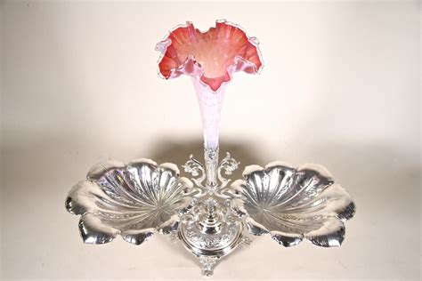 Silvered Centerpiece With Frilly Glass Vase Art Nouveau Austria Circa