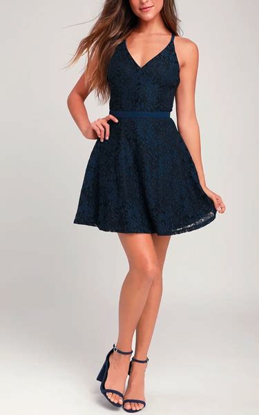 Dancing In The Moonlight Navy Blue Lace Backless Skater Dress