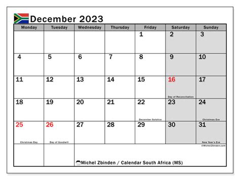 Calendar December 2023 South Africa Ms Michel Zbinden Za