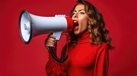 Premium Ai Image Woman Screaming Into A Loudspeaker Isolated On Red