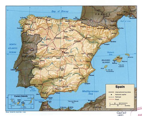 Large Scale Political Map Of Spain With Relief Roads Railroads And