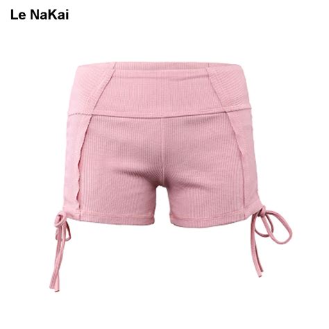 Le Nakai Cute Side Tie Ribbed Knitting Yoga Shorts Solid High Waist