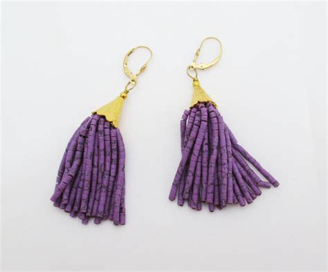 Beaded Purple Tassel Earrings With Gold Cap By Desertflowerdesigns On Etsy Tassel Earrings