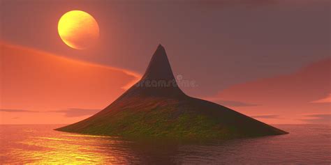 Sunset Behind Behind A Small Island In The Ocean Stock Illustration