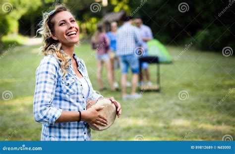 Woman Playing Drums Having Fun In Nature Stock Image Image Of Happy Food