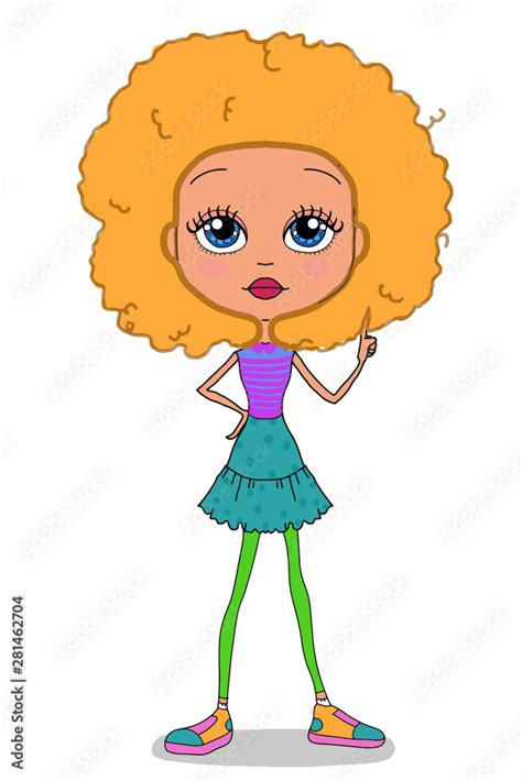 Cool Cute Girl And Curly Blonde Hair Characters Cartoon Illustration