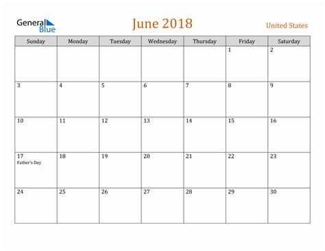 Free June 2018 United States Calendar