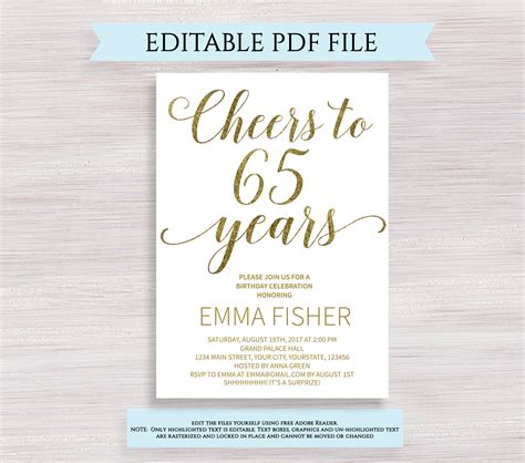Editable 65th Birthday Party Invitation Template Cheers To 65 Etsy