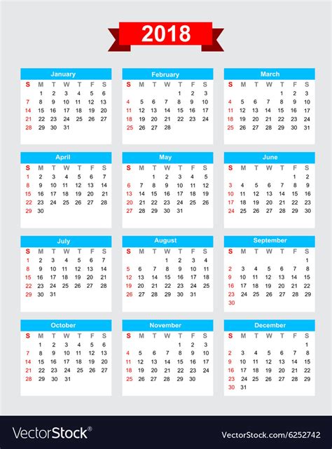 2018 Calendar Week Start Sunday Royalty Free Vector Image