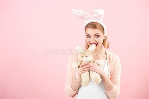 Woman In Rabbit Bunny Ears Egg Hunt Easter Eggs As Traditional Food
