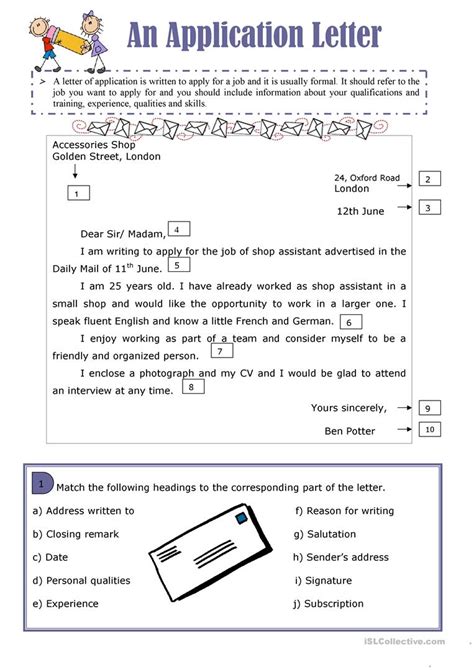 An application letter is also called cover letter, being your first introduction it is of great importance and should represent you in an application letter should be formal and tone of the letter should be respectful. Application letter worksheet - Free ESL printable ...