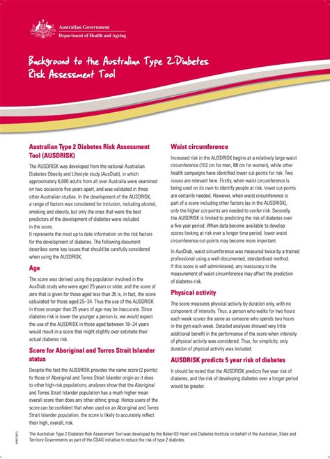 Australian Type 2 Diabetes Risk Assessment Tool Ausdrisk Scoring Information Australian