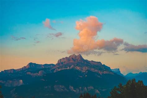 Colorful Sunset Views Of The Mont Blanc Mountain Glacier Stock Photo