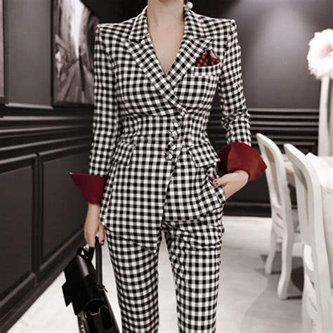 Spring Fall Plaid Women Suits New Elegant Work Style Blazer Suits Vogue Formal Businnes