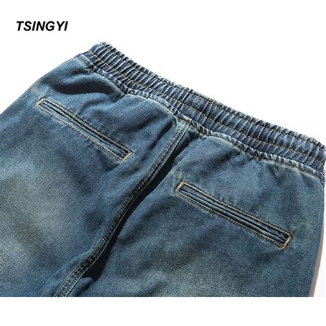 acquistare jeans uomo tsingyi denim stretch elastic waist jeans men blue cargo drawstring