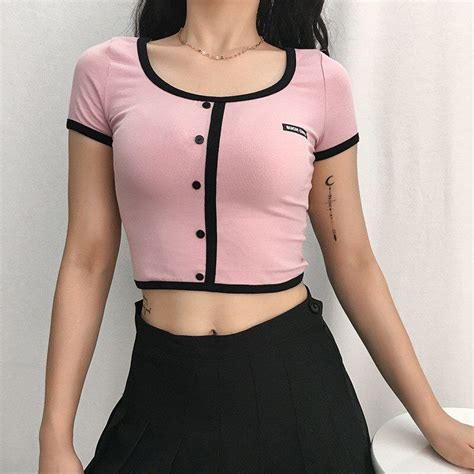 Women Fashion Short Pink Cute Tshirts Korean Casual Crop Top Fake