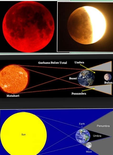 Itu terjadi bila bumi berada di antara matahari dan bulan pada satu garis lurus yang sama, sehingga sinar matahari tidak dapat mencapai bulan karena terhalangi oleh bumi. gambar gerhana bulan sebagian dan total - Brainly.co.id