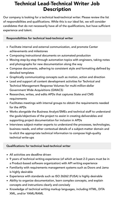 Technical Lead Technical Writer Job Description Velvet Jobs