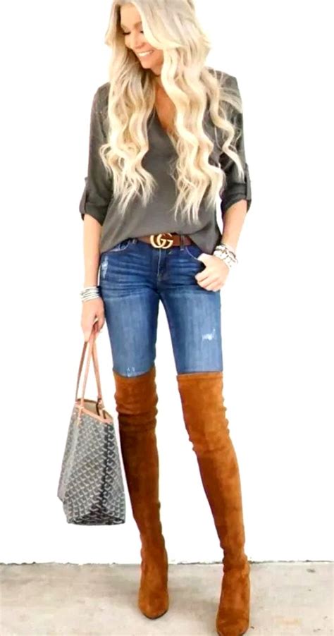 Brown Over Knee Boots Casual Fall Outfit With Jeans Thigh High Boots