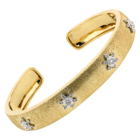 98 Carat Diamond Mid Century Solid Gold Hand Florentined Bangle