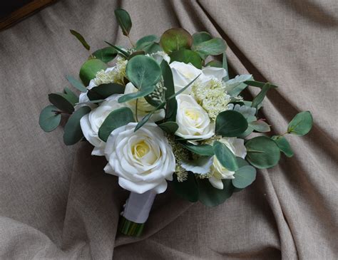 Eucalyptus Ivory Roses Bridal Bouquets Real Touch Roses Rustic Etsy
