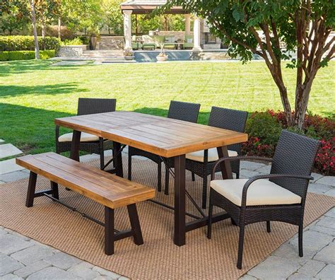 6 Piece Outdoor Dining Set With Bench Farmhouse Chic Picnic Table