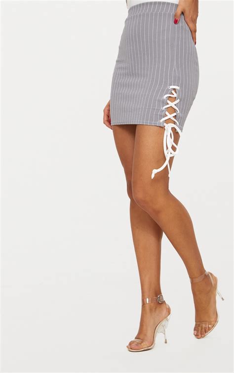 Grey Lace Up Detail Pinstripe Skirt Skirts Prettylittlething