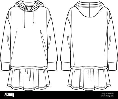 Vector Sweat Dress Fashion Cad Woman Long Sleeved Dress With Flared Skirt Technical Drawing