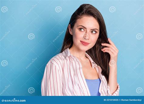 portrait of attractive curious cheerful girl thinking looking aside copy space deciding isolated