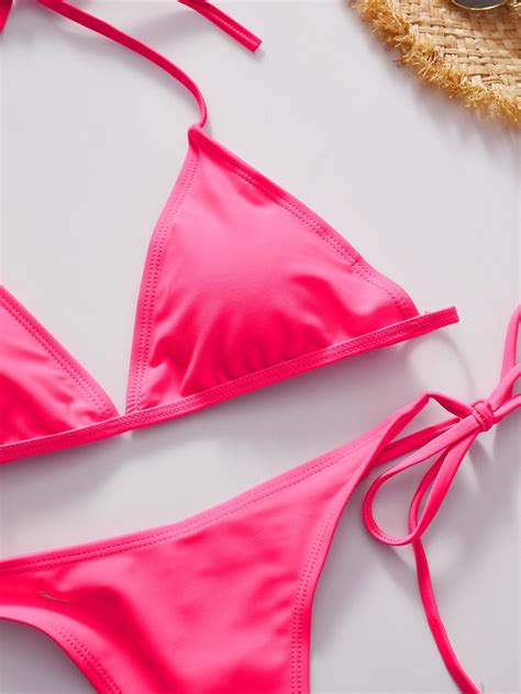 Emmiol Free Shipping 2023 Halter Triangle Bikini Set Pink M In Bikini
