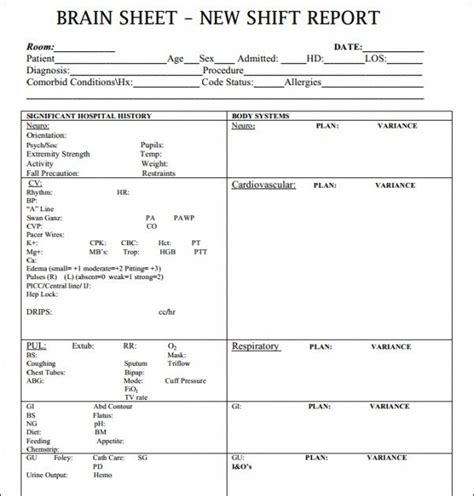 Never miss an event and works great as a nursing shift change report sheet. Printable Icu Nurse Brain Sheet - Brain Nurse Report Sheet ...