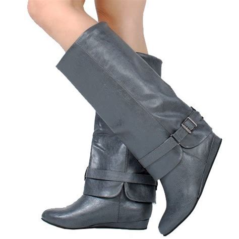 Fold Over Cuff Womens Light Gray Knee High Wedge Boots