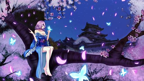 Girl Sitting On A Tree In The Anime Saigyouji Yuyuko Wallpapers And