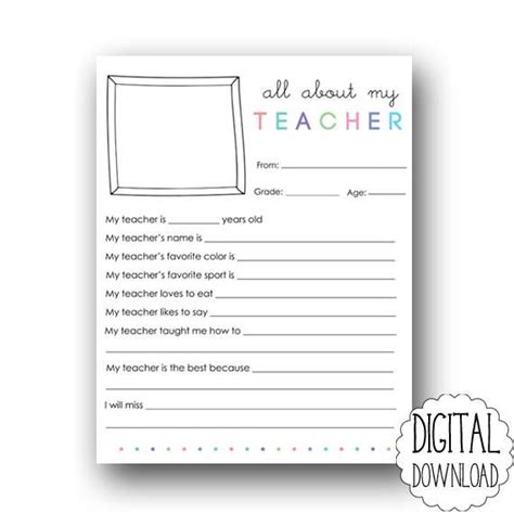 All About My Teacher Printable Instant Download Teacher Fill In Blank