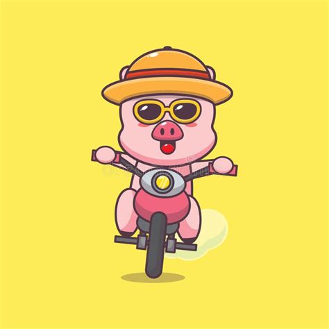 Cute Pig Riding A Motorcycle In Summer Time Stock Vector Illustration