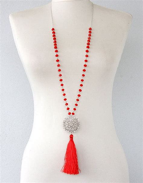 Red Tassel Necklace Boho Jewelry Beaded Tassel By Violasboutique Beaded