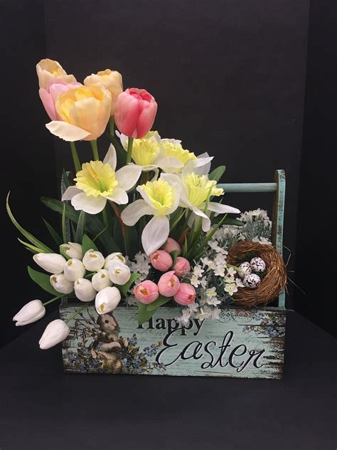 Spring Flower Arrangement Easter Box Tabletop Tulips Daffodils Crocu