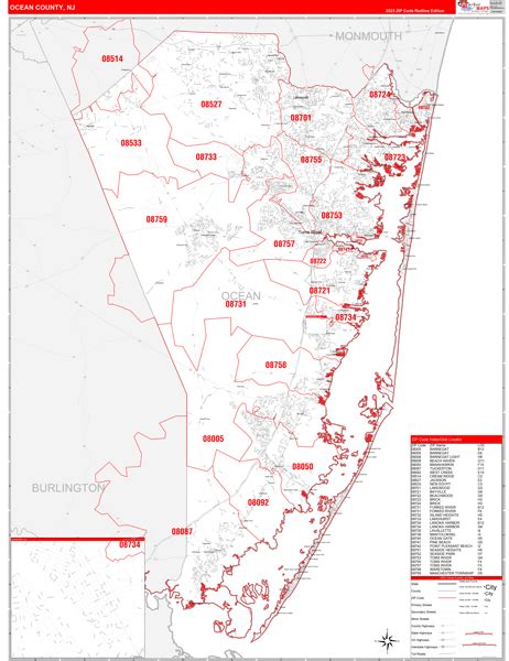 Ocean County Nj Zip Code Wall Map Red Line Style By Marketmaps Mapsales