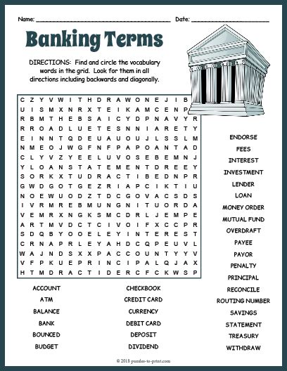 Banking Word Search Puzzles Printable